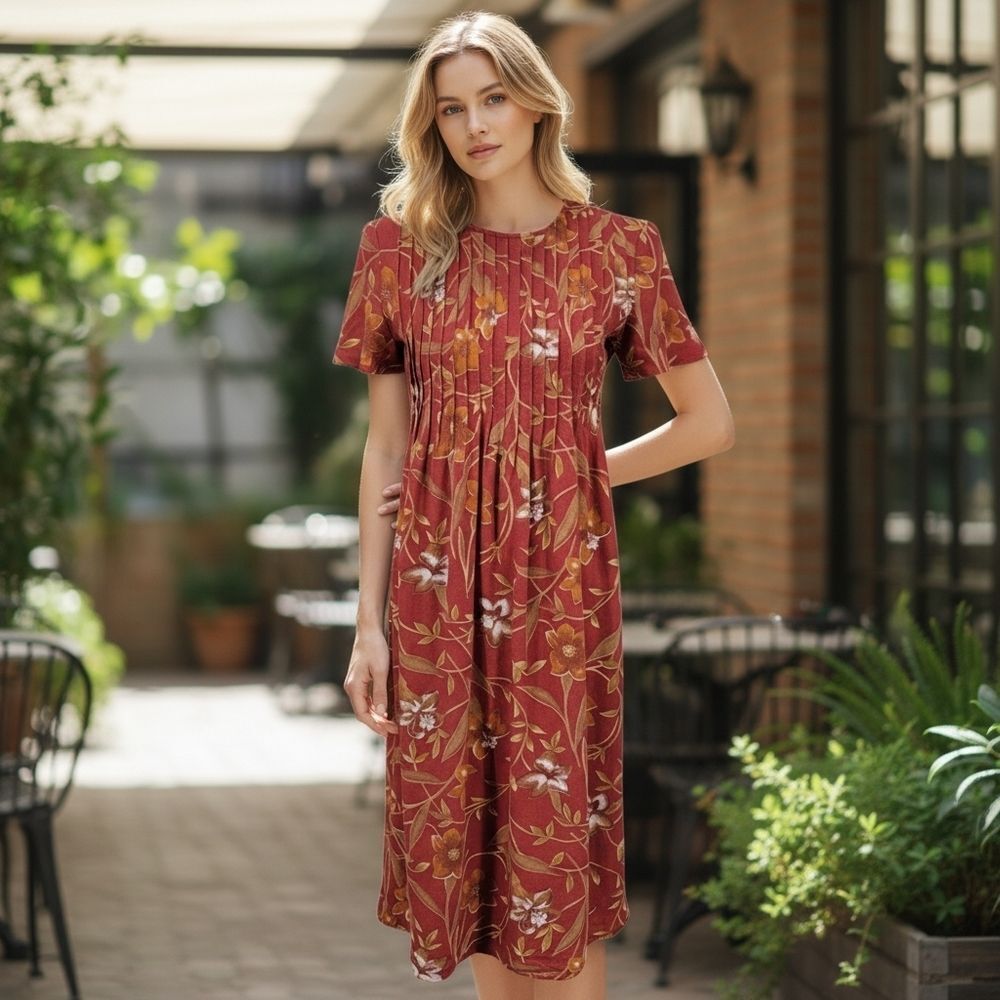 Positive Attitude Vintage Red Floral Linen Blend Midi Shift Sun Dress Ties Back